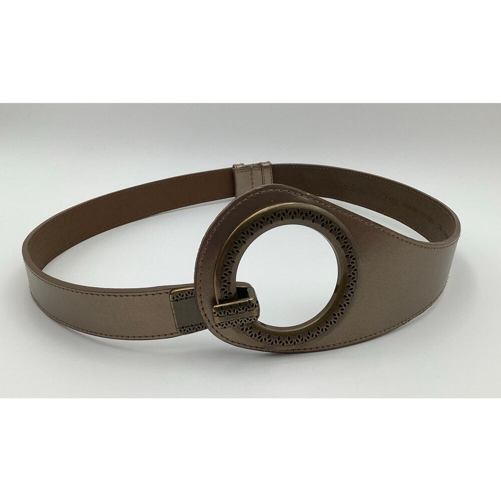 Coldwater Creek Metallic Bronze Leather Wide Hip Belt Etched Circle Ring Buckle